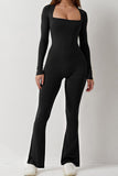 Women's Sports Square Neck Long Sleeve Seamless Shaping Flared Jumpsuit