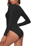 Women's Casual Seamless Solid Color U Neck Long Sleeve Stretch Bodysuit