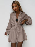 Trendy Plain Collared Button-Up Long Sleeve Shirt & High Waist Flounce Shorts Co-ord