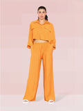 Versatile Long Sleeve Flap Pocket Button Crop Top & Elastic Waist Trousers Co-ord