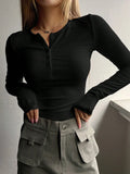 Minimalist Crew Neck Partial Button Knit Long Sleeve Slim Top