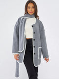 Winter Unique Contrast Trim Button Up Coat With Scarf