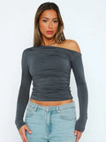 Leisure Solid Gauze Sloping Shoulder Ruched Long Sleeve Crop Top