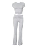 Trendy Plain Round Neck Short Sleeve Crop Top & Shirred Waist Trousers Co-ord