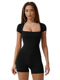 Athletic Solid Square Neck Seamless Butt-Lifting Short Sleeve Playsuit