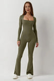 Women's Sports Square Neck Long Sleeve Seamless Shaping Flared Jumpsuit