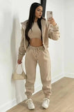 Versatile Long Sleeve Zip-Up Crop Hoodie & High Waist Sweatpants 3-Piece Set