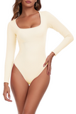 Women's Casual Seamless Solid Color U Neck Long Sleeve Stretch Bodysuit