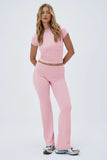 Trendy Plain Round Neck Short Sleeve Crop Top & Shirred Waist Trousers Co-ord