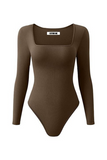 Women's Casual Seamless Solid Color U Neck Long Sleeve Stretch Bodysuit