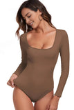 Women's Casual Seamless Solid Color U Neck Long Sleeve Stretch Bodysuit