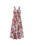 Summer Beach Vacation Allover Print Sleeveless Shirred Waist Maxi Dress