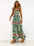 Summer Beach Vacation Allover Print Sleeveless Shirred Waist Maxi Dress