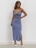 Sexy Spaghetti Strap Low-Neckline Knotted Slinky Split Maxi Dress