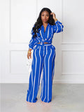 Trendy Color Matching Stripe Button Long Sleeve Shirt & Wide Leg Trousers Co-ord