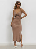 Sexy Spaghetti Strap Low-Neckline Knotted Slinky Split Maxi Dress