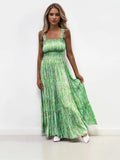 Summer Beach Vacation Allover Print Sleeveless Shirred Waist Maxi Dress