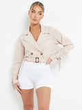 Versatile Notch Lapel Long Sleeve Detachable Belt Button Short Jacket