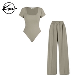 Women's Trendy Square Neck Shaping Bodysuit &amp; High Waist Wide Leg Trousers Co-ord